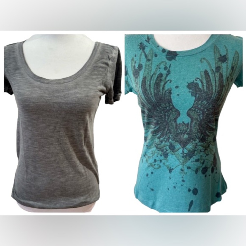 Gray and Blue/Green Fitted Short Sleeve Graphic T-shirts - set of 2